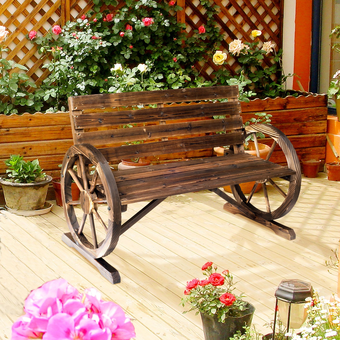 Rustic wagon wheel bench