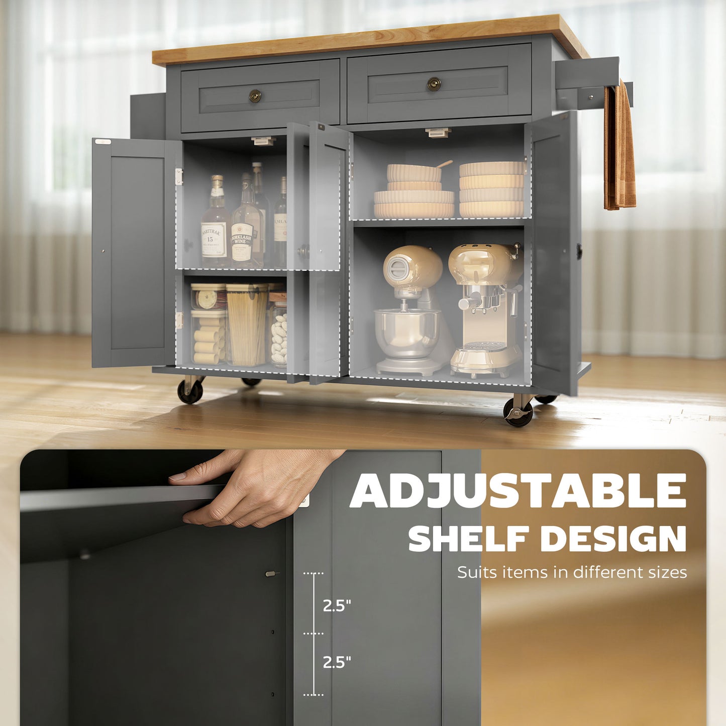 Kitchen Island Cart with Rubber Wood Top, Gray with wheels