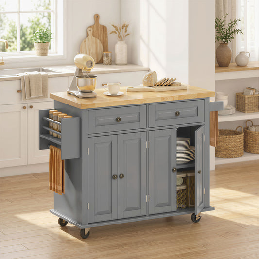 Kitchen Island Cart with Rubber Wood Top, Gray with wheels
