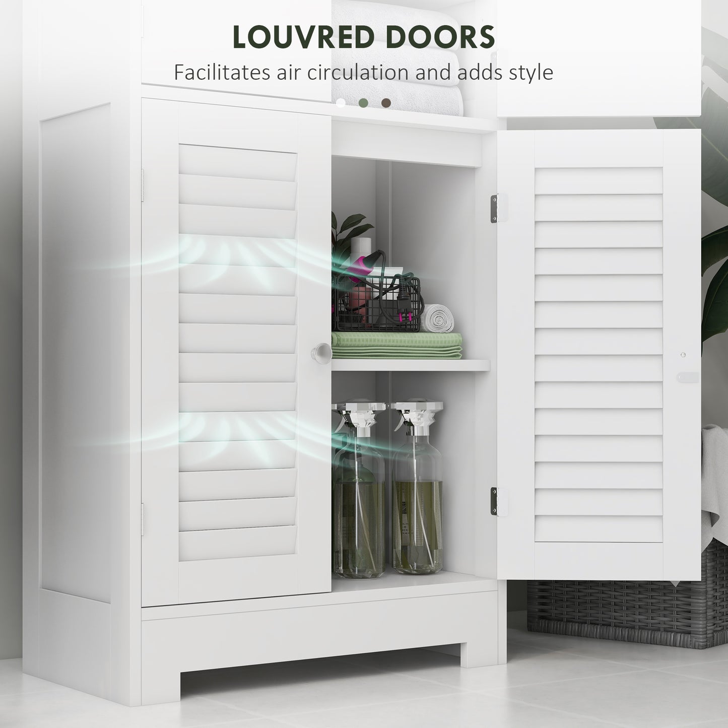 Freestanding White Bathroom Cabinet with Glass/Louvred Doors