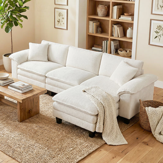 Sectional Sofa, L Shaped Couch with Deep Seat, Movable Ottoman and Pillow-top Armrests, Beige