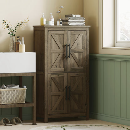 Brown Farmhouse Bathroom Cabinet with 4 Doors and Adjustable Shelf