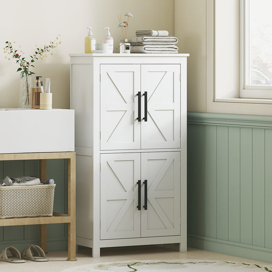 Farmhouse Bathroom Cabinet with 4 Doors and Adjustable Shelf, White