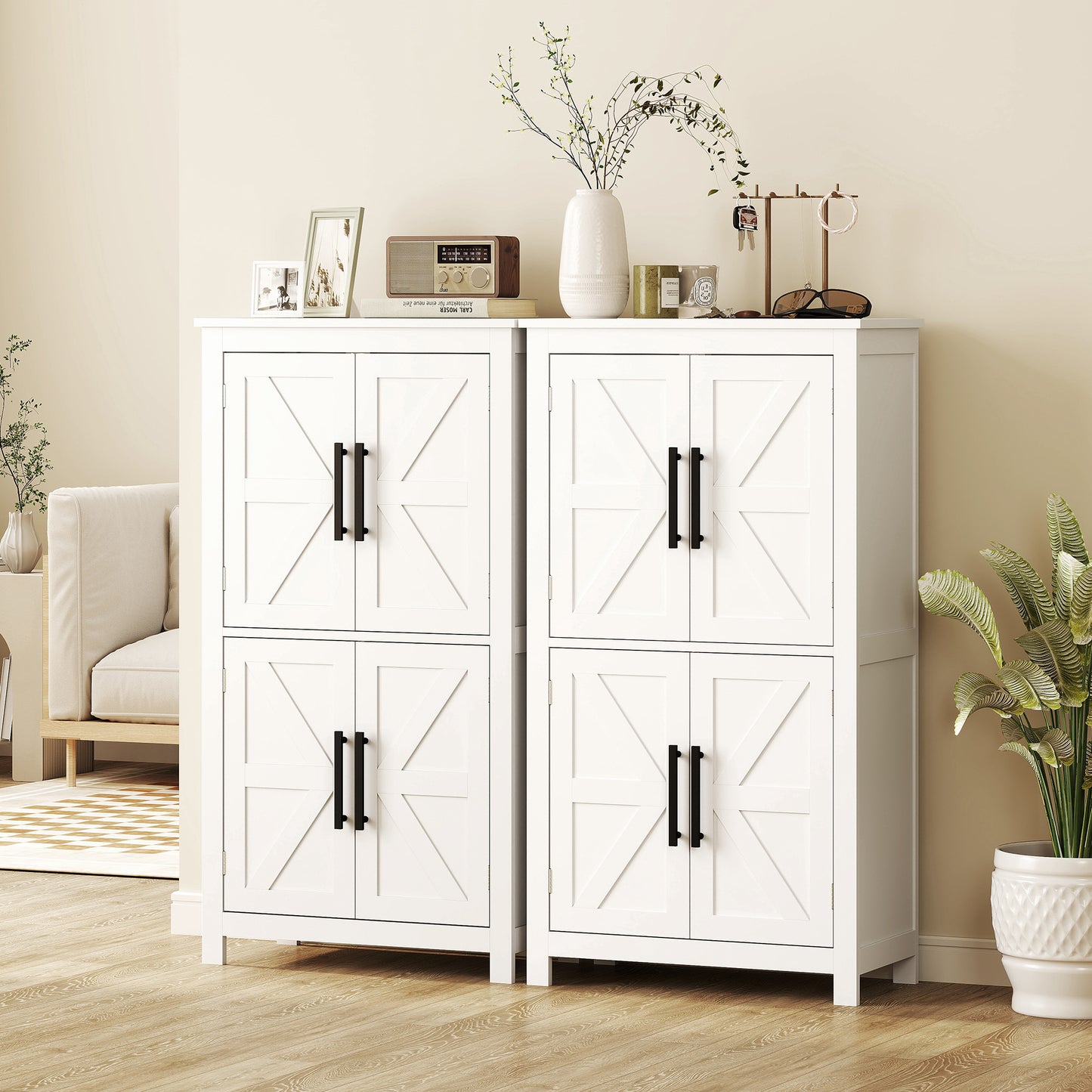 Farmhouse Bathroom Cabinet with 4 Doors and Adjustable Shelf, White
