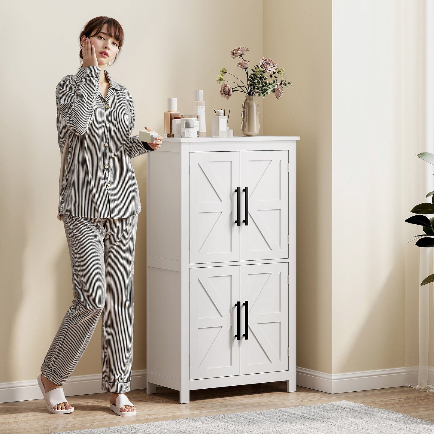 Farmhouse Bathroom Cabinet with 4 Doors and Adjustable Shelf, White