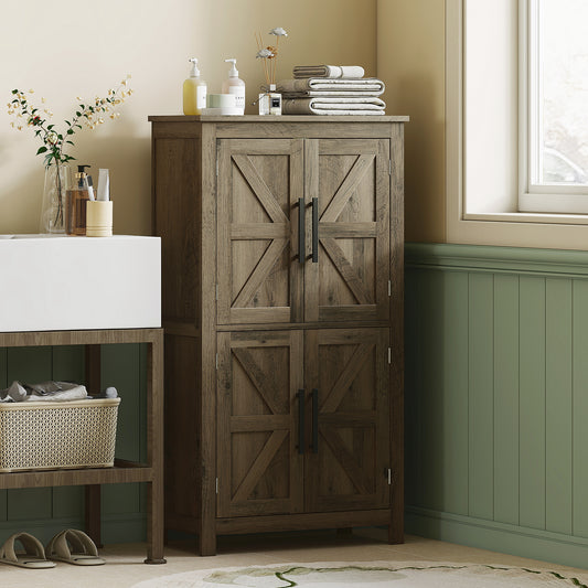 Brown Farmhouse Bathroom Cabinet with 4 Doors and Adjustable Shelf
