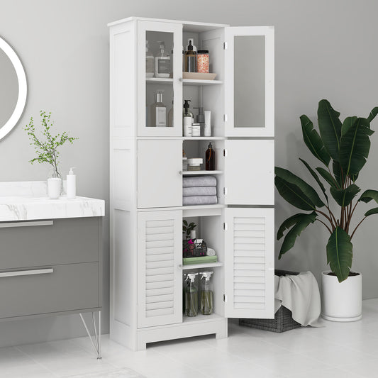 Freestanding White Bathroom Cabinet with Glass/Louvred Doors