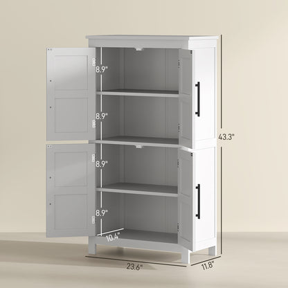 Farmhouse Bathroom Cabinet with 4 Doors and Adjustable Shelf, White