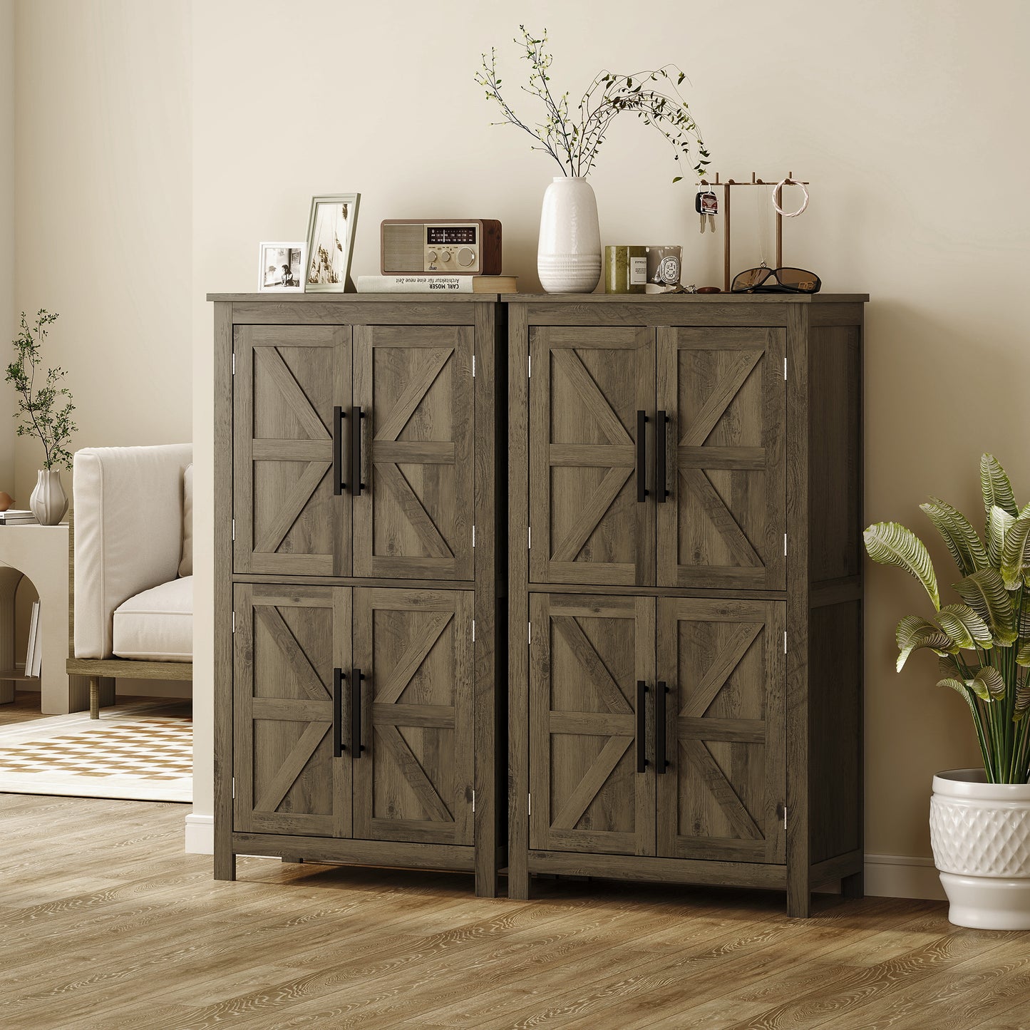 Brown Farmhouse Bathroom Cabinet with 4 Doors and Adjustable Shelf
