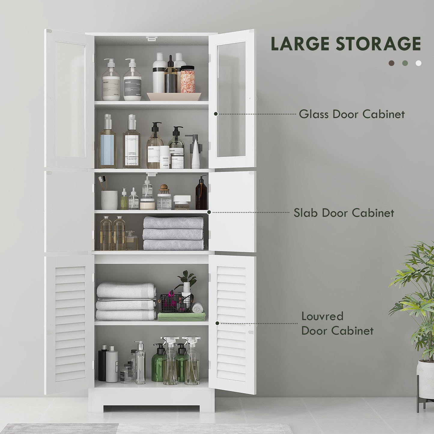 Freestanding White Bathroom Cabinet with Glass/Louvred Doors